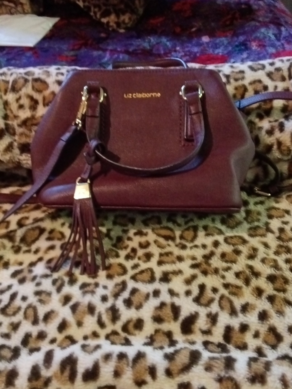 Liz Claiborne Wine Leather Satchel with Tassel Accent